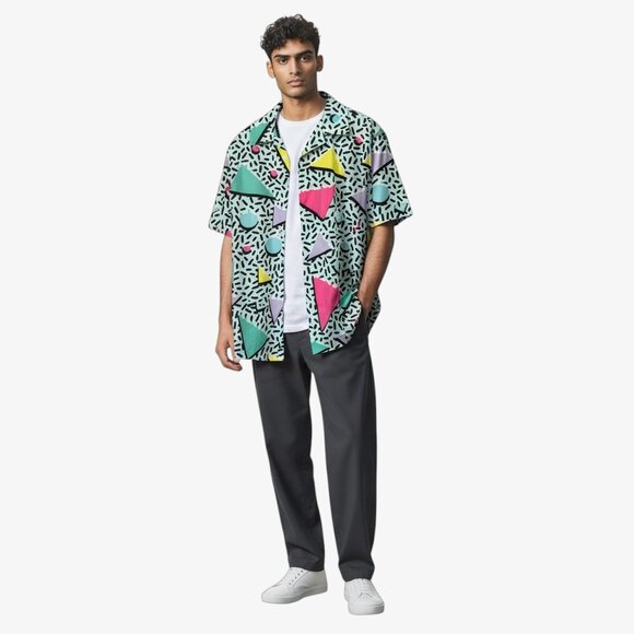 Retro 80s 90s Geometric Pattern Short Sleeve Button Down Shirt - Picture 10 of 10
